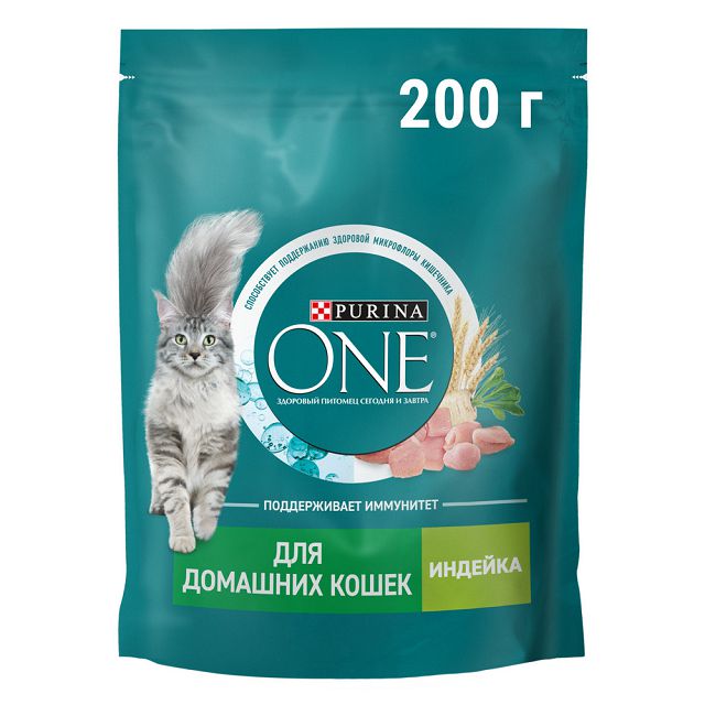 корм для кошек Purina ONE для взрослых домашних кошек индейка и цельные злаки сухой 200г