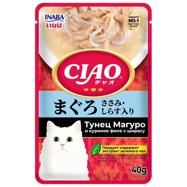лакомство для кошек INABA Ciao Pouch тунец Магуро и куриное филе с ширасу 40г
