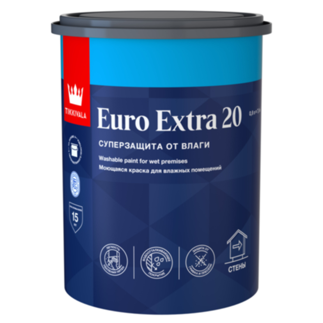 краска акриловая TIKKIVALA Euro Extra 20 для стен и потолков база А  0,9л белая, арт.700001105